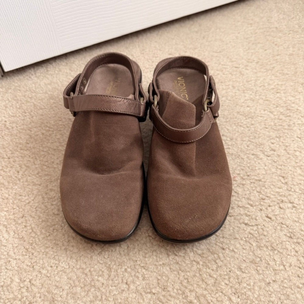 Vionic Adelaide Orthaheel Brown Suede Convertible Strap Wedge Clogs Womens 9